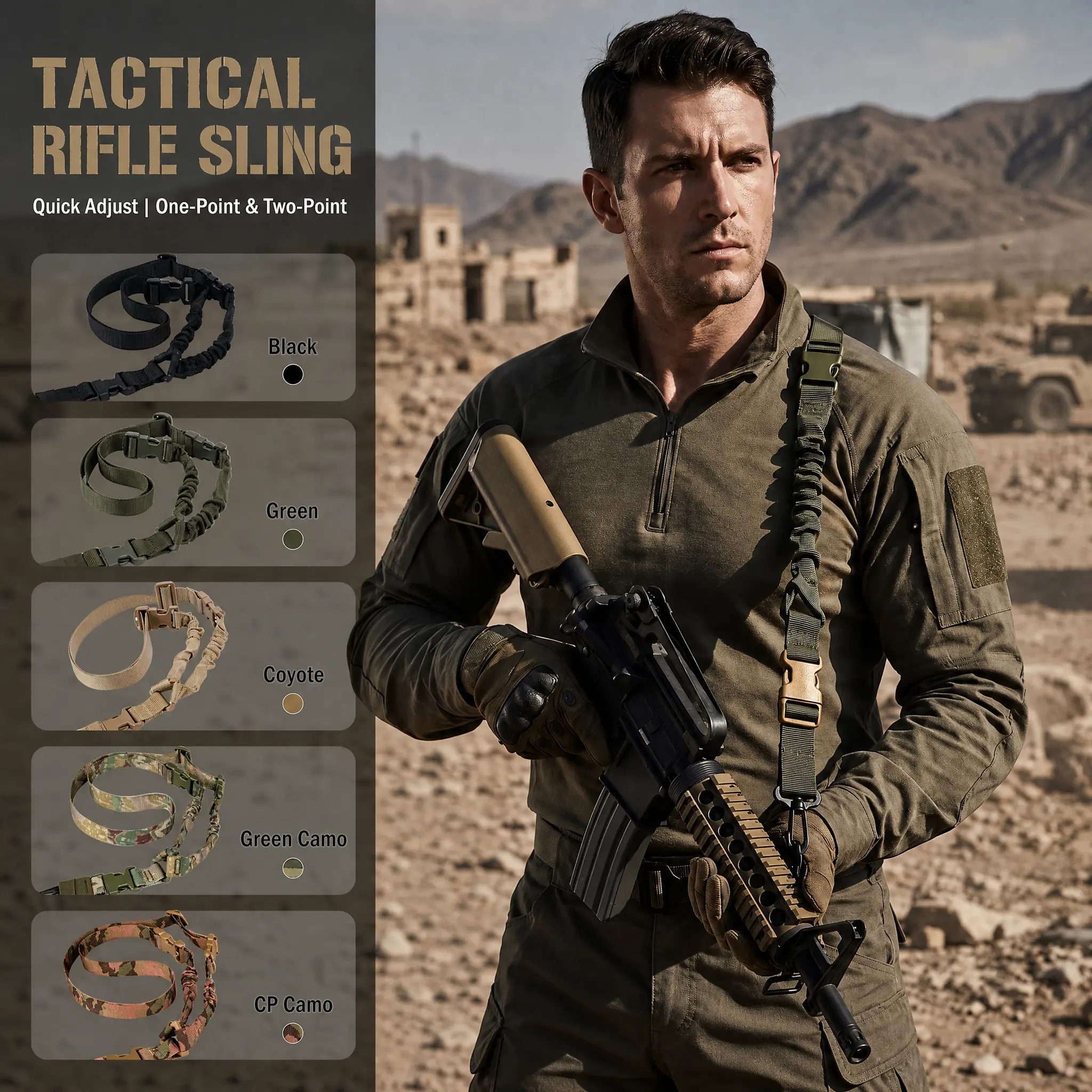 Tactical Single Point Sling – 2-in-1 for Rifle (AR15) & Camera | Heavy Duty Nylon Rope Strap with Metal Buckle