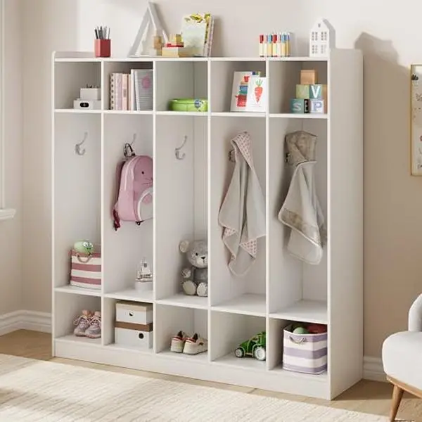 GARVEE 5-Section Classroom Coat Locker with 10 Cubbies, Cubby Storage Organizer with 10 Hooks for Home, School, Nursery, Kindergarten, White