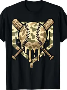 Baseball Style Ice Cream Drip Color Boy Pattern Camo T-Shirt, Fashion Casual Clothing, Ideal Gift for Sports Enthusiasts & Teens, Camouflage Streetwear