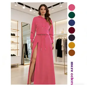 Women's Solid Drawstring Hoodie & Split Thigh Skirt Set, Elegance Long Sleeve Top & Pocket Long Skirt, Casual Fashion Cozy Co-ord Set
