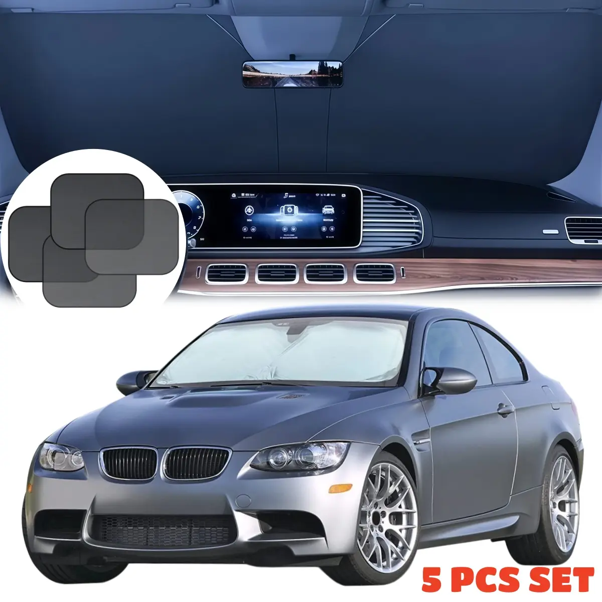 For BMW 3 Series (320i / 325i / 330i)  5 Series (525i / 530i) 5 in 1 Car Windshield Sunshade with 4pcs Front and Rear Side Window Mesh Sunshade – 3 Layer Design for 3X Heat Blocking, Blocks UV Rays, Foldable Sun Shade Keeps Interior Cooler In Summer