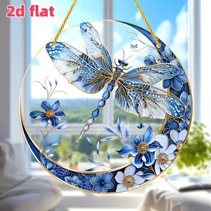 Dragonfly & Flower Pattern Hanging Decor, Round Acrylic Hanging Ornament, Multifunctional Window Hanging Decor for Home, Office, Garden, Flower Center Decoration, Hangable