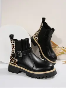 Women's Fashion Chelsea Motorcycle Boots, Leopard Print Patchwork Design, Adjustable Metal Buckle, Anti-Slip Thick Sole, Comfortable