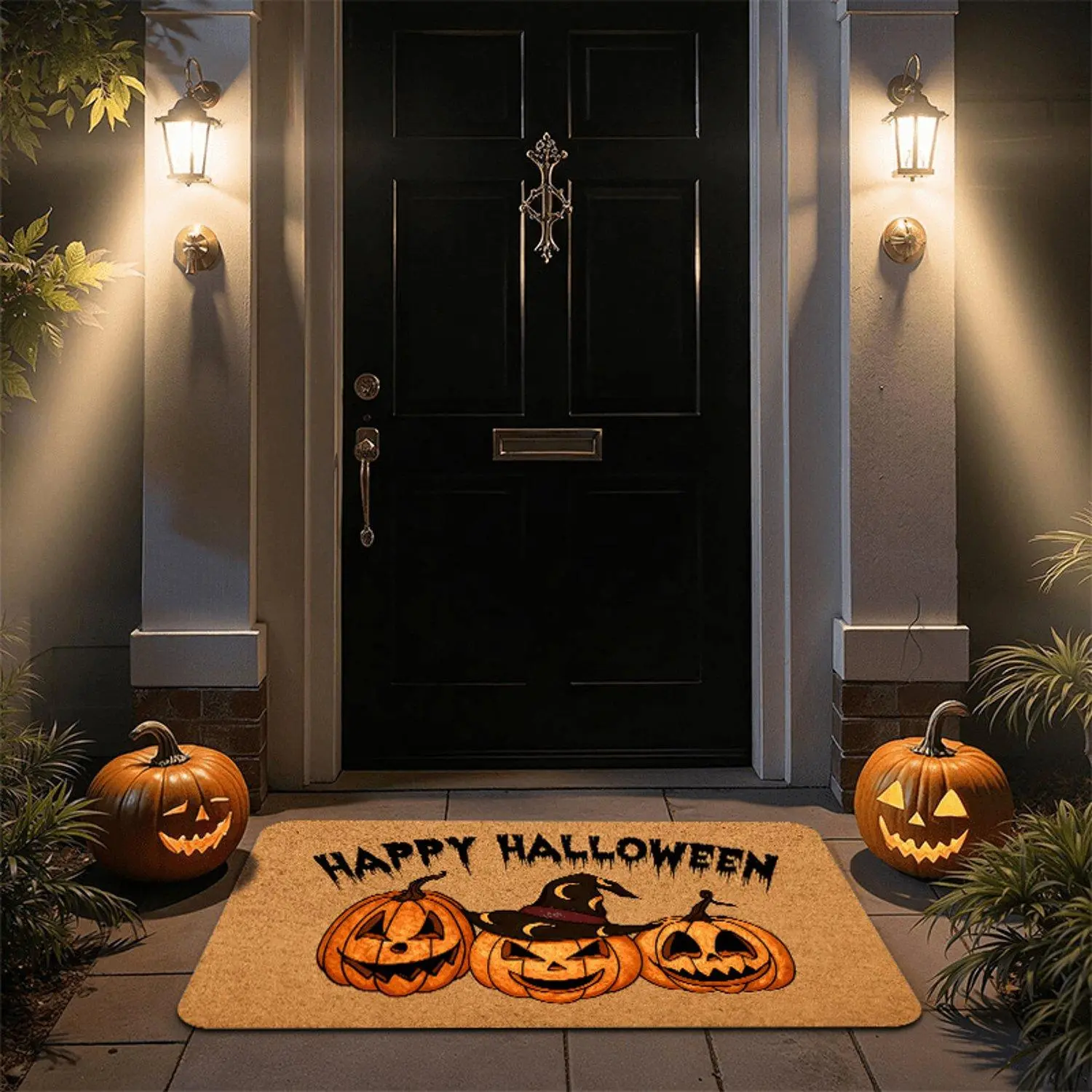Soft Flannel Happy Halloween Witch Jack O Lantern Doormat Non Slip Washable Front Door Welcome Mat Indoor Outdoor Porch Decor Rug