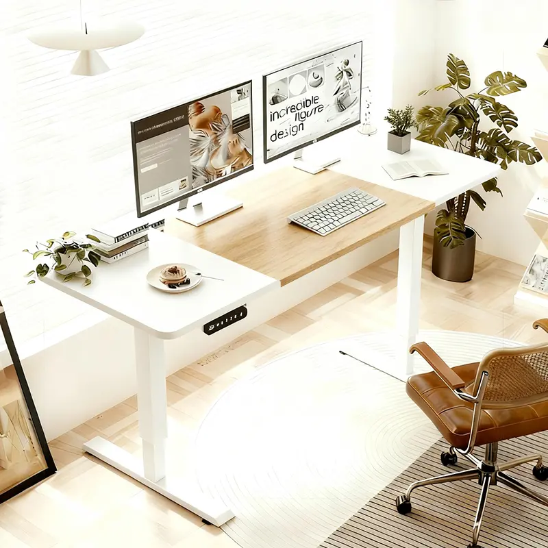 55 Inch White+Oak Desktop Sit Stand Desk (Home Office, Study & Gaming Ergonomic Electric Adjustable Height Desk) - 27"To 45"Height, 4 Memory Presets & 20W Fast Charging