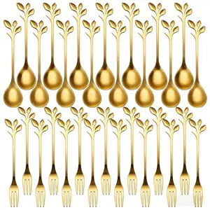 40-Pc Silver Mini Spoons & Forks Set, 4.7" - Stainless Steel Espresso Spoon and Dessert Fork Set, Leaf Handle, Ideal for Coffee,Tea, Appetizers, Tastings, Parties, Charcuterie & Cocktails