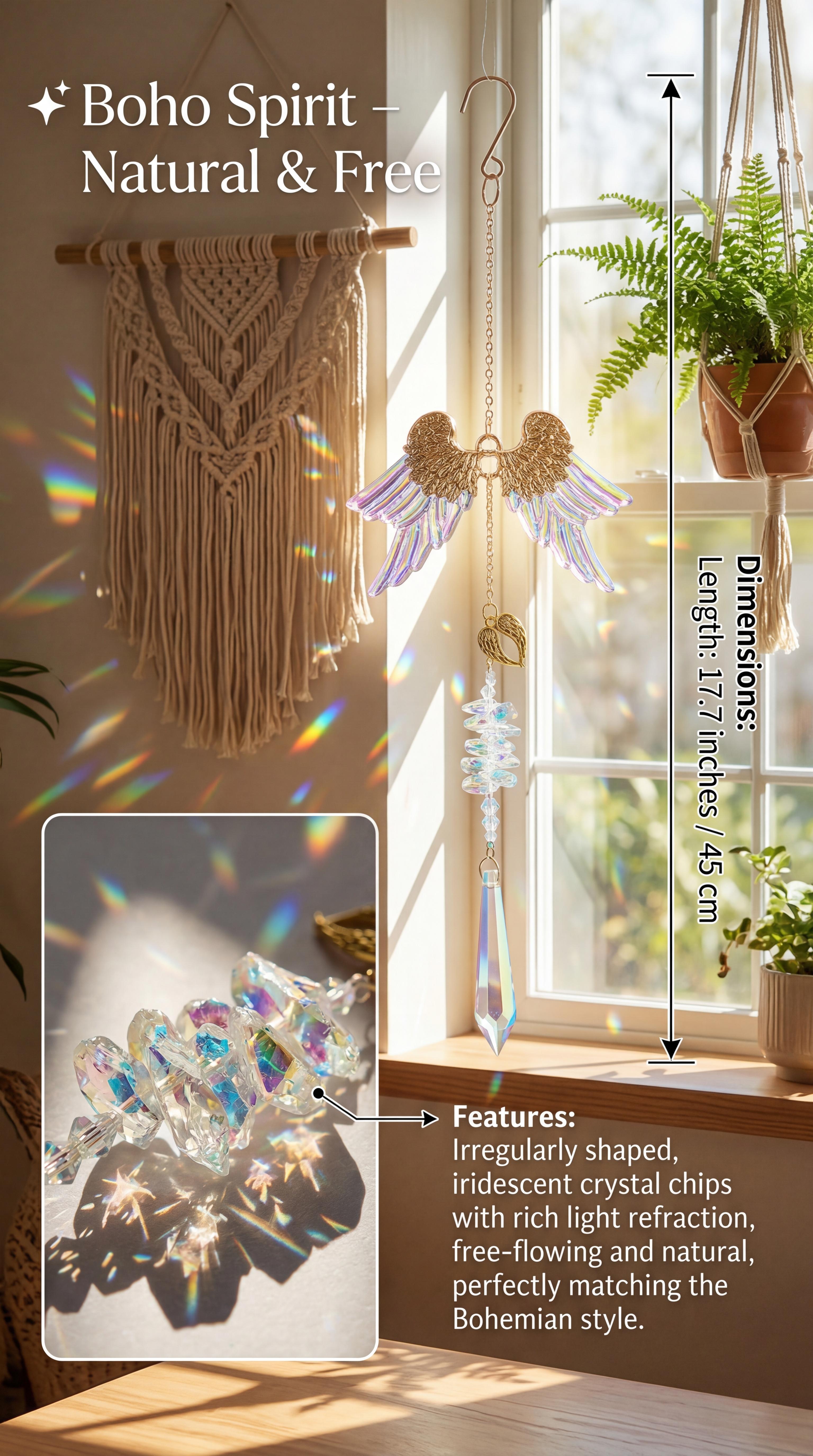 Angel Wing Crystal Sun Catcher 4 Styles - Hanging Rainbow Maker with Heart & Bell for Home Decor , Handmade Crystal Prism Rainbow Maker for Window & Garden  , Crystal Hanging Ornament Gift for Mom & Friends glass christian art office wall  gardening