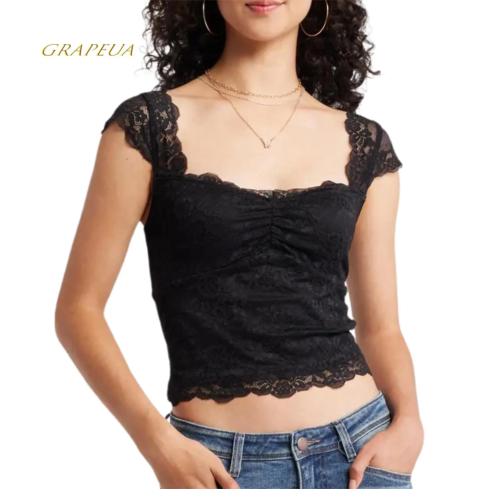 Women's Baby Doll Aesthetic Casual T-Shirt - Square Neck, Lace Side Panels, Short Cap Sleeves, Polyester-Elastane Summer Top, Tshirt, Polyester Blend, Pink Lace Women's T-Shirts, Patterned Lace Women's T-Shirts