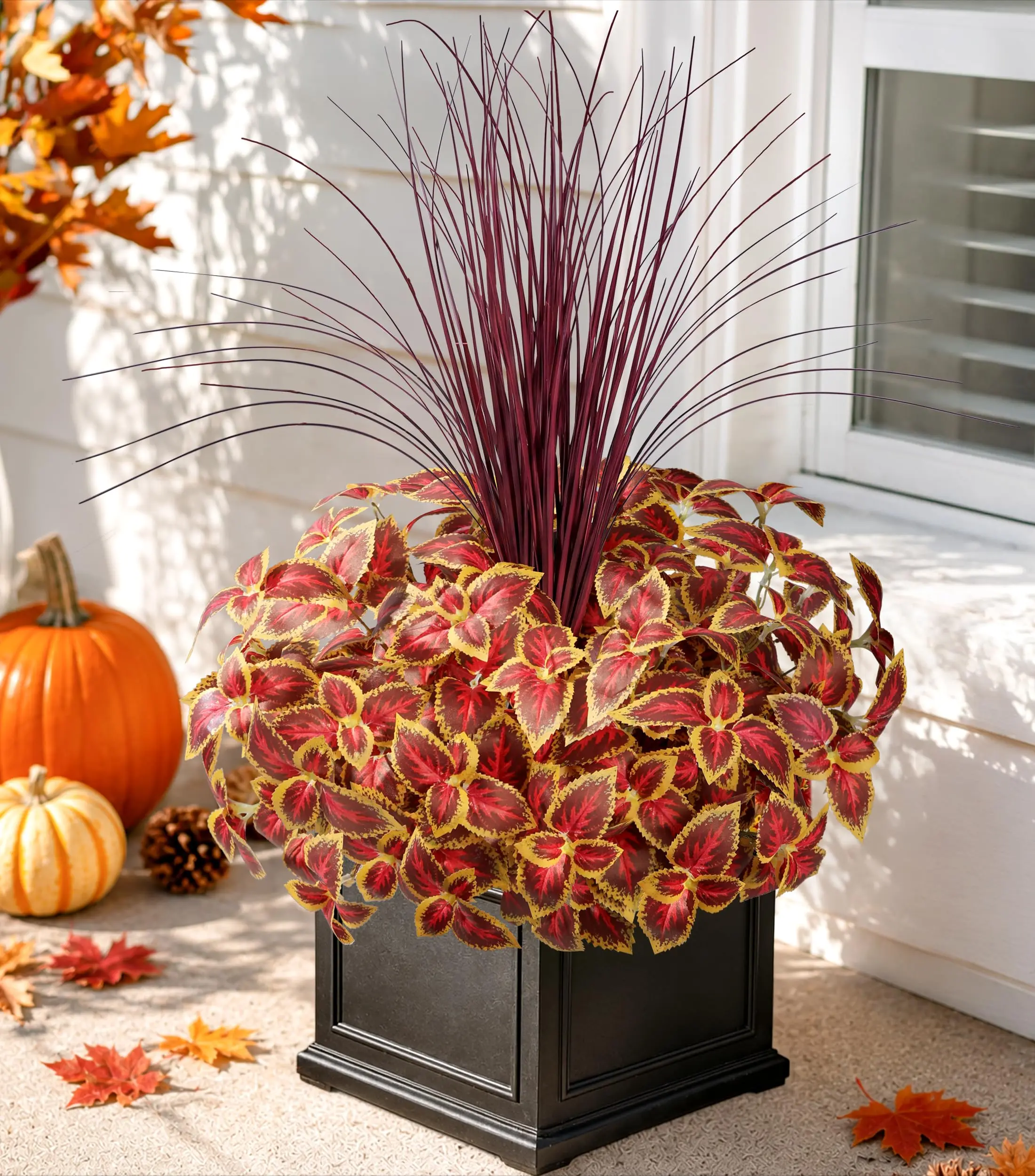Ivydale 5-Pcs Fall Artificial Coleus Plants with Burgundy Grass, UV-Resistant Faux Silk Greenery with Stems, Outdoor Decor for Porch Planters, Garden Patio Hanging Pathway