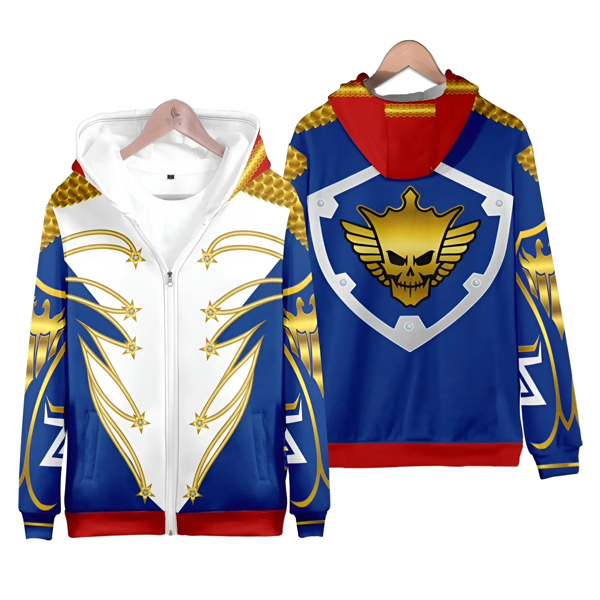 WWE LA Knight 3D Zip Hoodie - Golden Skull Shield Wing Logo Blue Red - Unisex Street Casual Fall Winter Spring - Oversized Comfort Fan Merch - Men Women Wrestling Graphic Sportswear