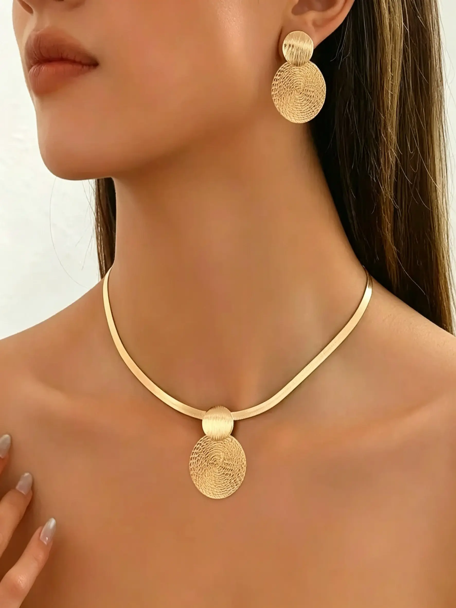 14k Snake Chain Jewelry Set, Textured Dual Disc Pendant Necklace and Earrings, Geometric Style Gift for Women, Jewellery Gift Set