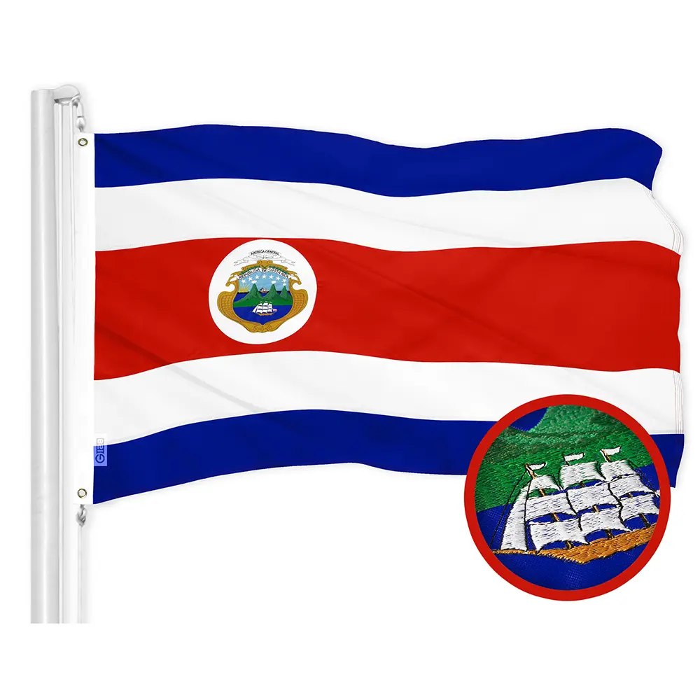 G128 Costa Rica 3x5 ft Flag Heavy Duty Embroidered 300D Polyester Indoor/Outdoor, Brass Grommets