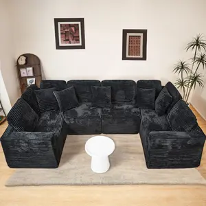 135.5-inch Modular U-Shaped Sectional Sofa, 6-Seater Chaise Lounge with Reversible Design, Striped Corduroy Fabric in Black – Customizable Living Room or Bedroom Couch, Freely Configurable Layout.