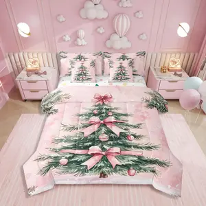 Green Christmas Tree 7 Piece Comforter Set,Bed in a Bag,Pink Bowknot Sheet Set with Comforter,Christmas Tree Ornaments Bedding Sets,Xmas Bed Set
