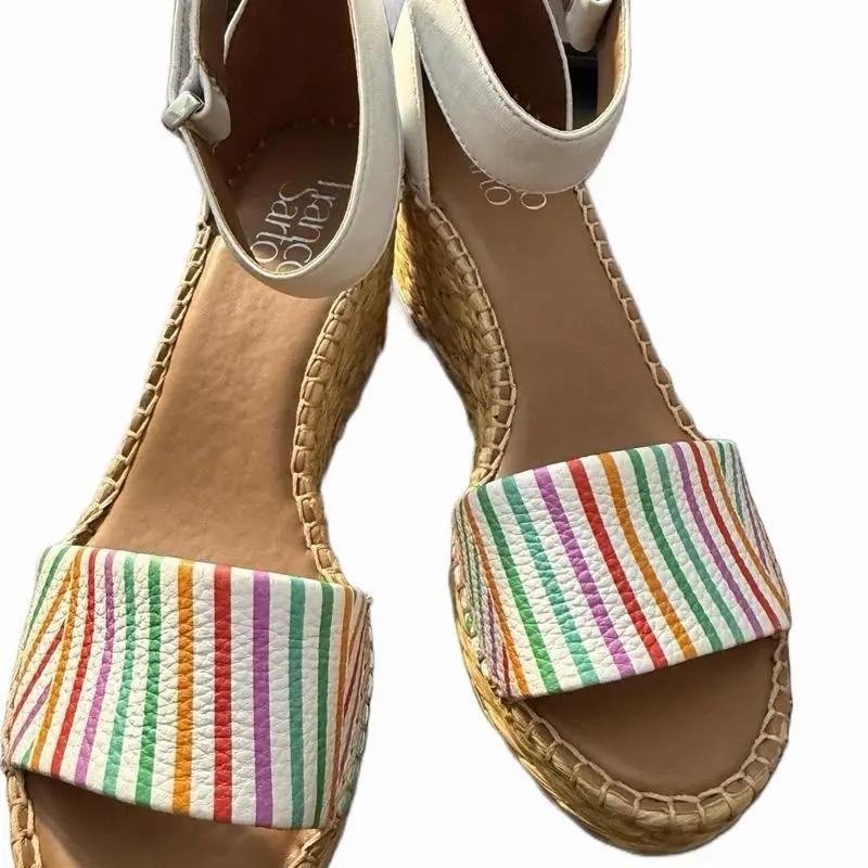 Franco Sarto Women's Clemens Raffia Espadrille Wedge Sandals Size 7 with Colorful Striped Design