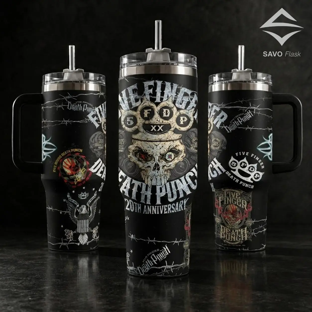 5 Finger Death Punch (FFDP) 20th Anniversary Stainless Steel Insulated Tumbler - 20oz/40oz, Handle & Straw Included, Skull Design Heavy Metal Fan Gift, Reusable Travel Drinkware