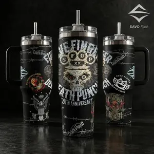Five Finger Death Punch FFDP 20oz 40oz Tumbler with Handle Straw Stainless Steel Insulated Travel Mug 20th Anniversary Merch Skull Design Heavy Metal Gift for Fans Rock Band Reusable Water Bottle