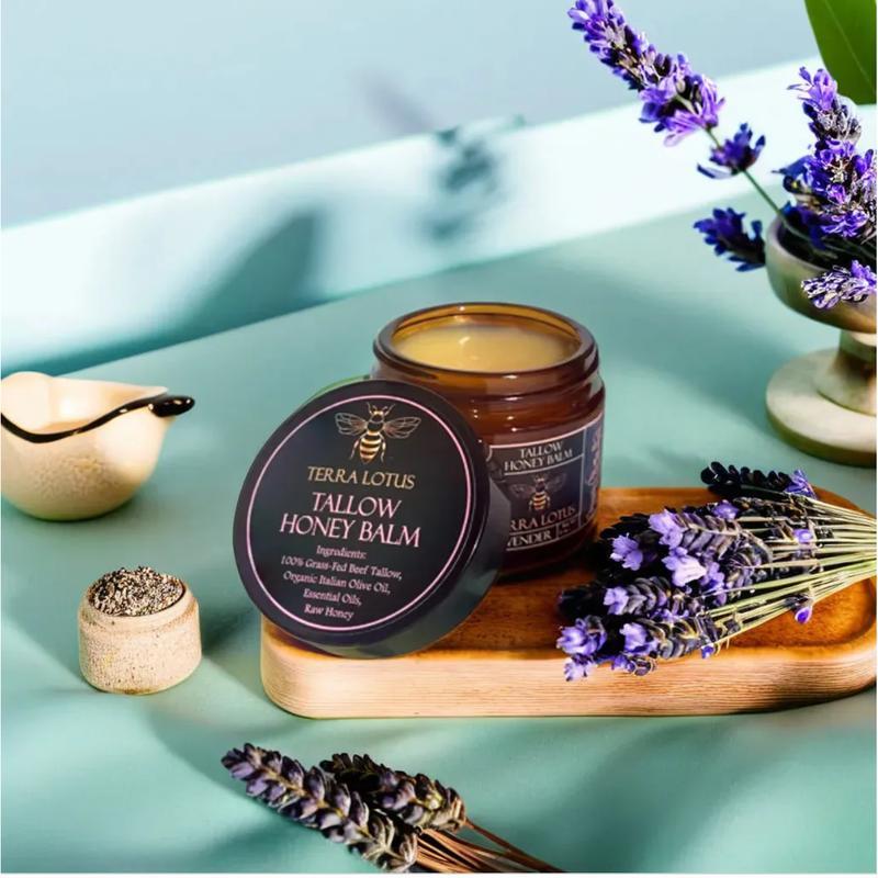 Terra Lotus Organic Grass-Fed Beef Tallow Balm with RawHoney - Handmade All-Natural Moisturizer for Soft, Smooth,Radiant Skin