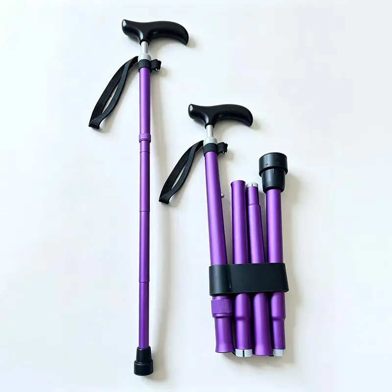 Purple Folding Walking Cane with Adjustable Height and Comfortable Wooden Grip for Enhanced Mobility Support,high-end canes, aluminum alloy cane, rubber bases, and non-slip walking sticks,durable walking stick,bordones para caminar Foldable Hiking Stick