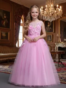 Girl's Appliques Bow Back Tulle Party Dress, Embroidered Tulle Dress, Elegant Sleeveless High Waist Fit & Flare Dress for Party Wedding Guest, Kids Clothes for All Seasons
