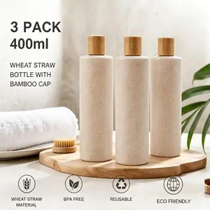 400ML Multi-Purpose Press Bottle Set (3 Pieces), Refillable Bottle, Soap Container Portable Press Type Bottle, Home Supplies, Home Goods, Biodegradable Corn Stalk Material, Leak-Proof Bamboo Wood Lid, Portable Dispenser Bottles, Bathroom Accessories