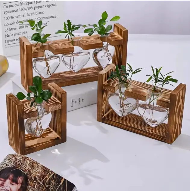 Luxury Glass Vase With Wooden Frame Heart-shaped Glass Vase For Hydroponic Plant Propagation Air Plant Vase For Home Decor