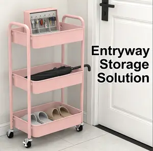 Garden Helper 3-Tier Rolling Metal Storage Organizer Mobile Utility Cart with Caster Wheels Pink Blade Stand Durable Powder-Coated Steel Frames Mesh Baskets shoe rack