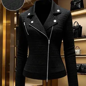 Women's Casual Textured Fabric Zip-Up Lapel Motorcycle Jacket Fall Winter Cloth For Women Black Style
