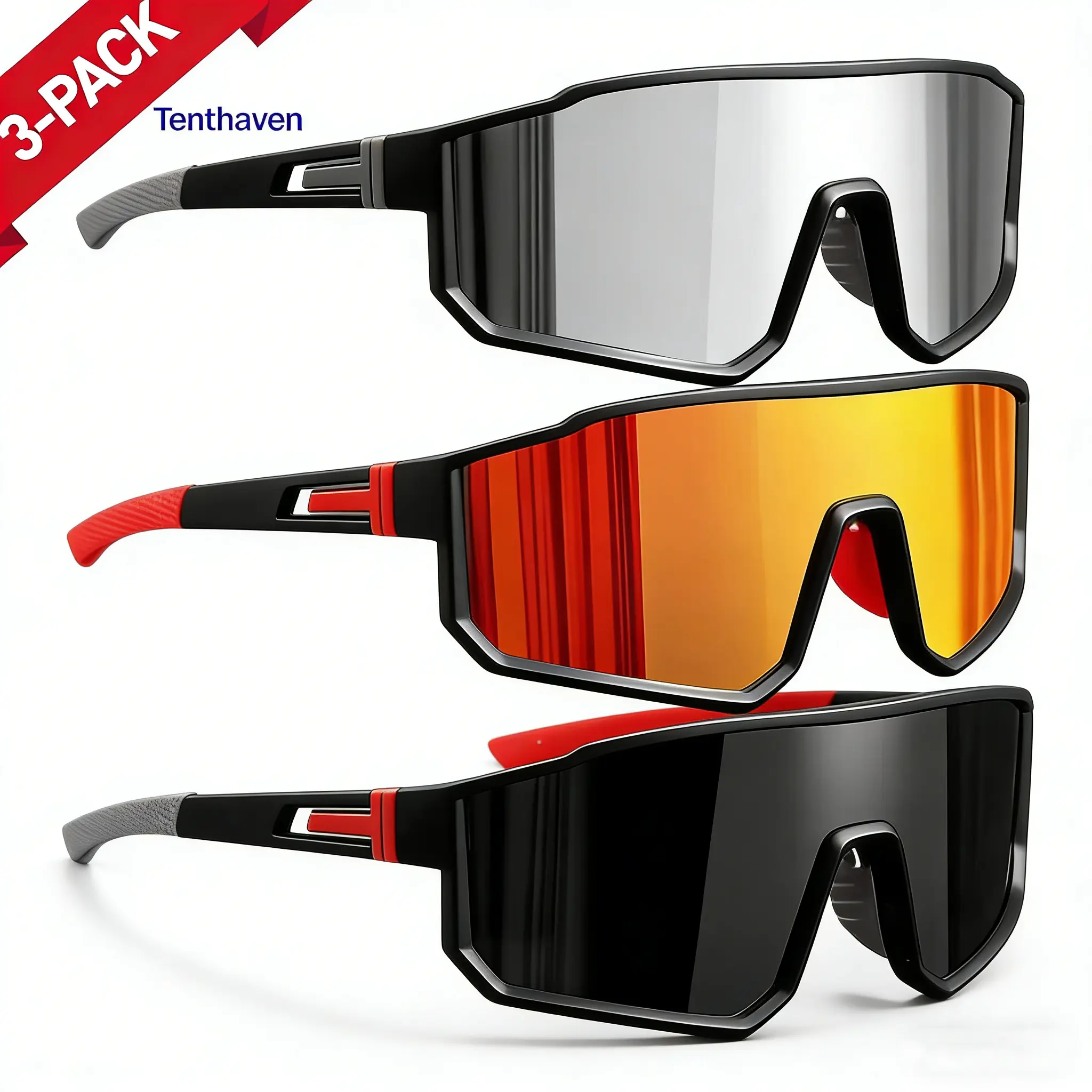 Men's & Women's 3-Pack Polarized UV400 Athletic Cycling Sunglasses - Ergonomic Anti-Slip, Visibility Enhancement, Sunglasses for Women, Men's Cycling & Driving Accessories