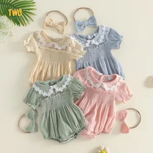 Baby Girl 2026 Summer Romper Fashionable Flower Trim Short Bubble Sleeve Smocked Jumpsuit with Headband