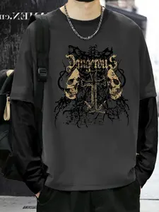 Men's Gothic Skull & Cross Graphic Print 2 in 1 Double Layer Long Sleeve T-shirts, Loose Casual Comfy Drop Shoulder Round Neck Pullover for Daily Wear, Men's Top for All Seasons, Casual Streetwear