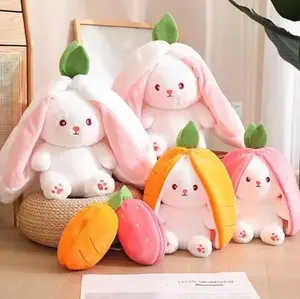 Cute Strawberry Carrot Rabbit Plush Toy Key Chain，Animals that can turn into fruits， Baby Cuddly Bunny Doll Key Chain Birthday Gift