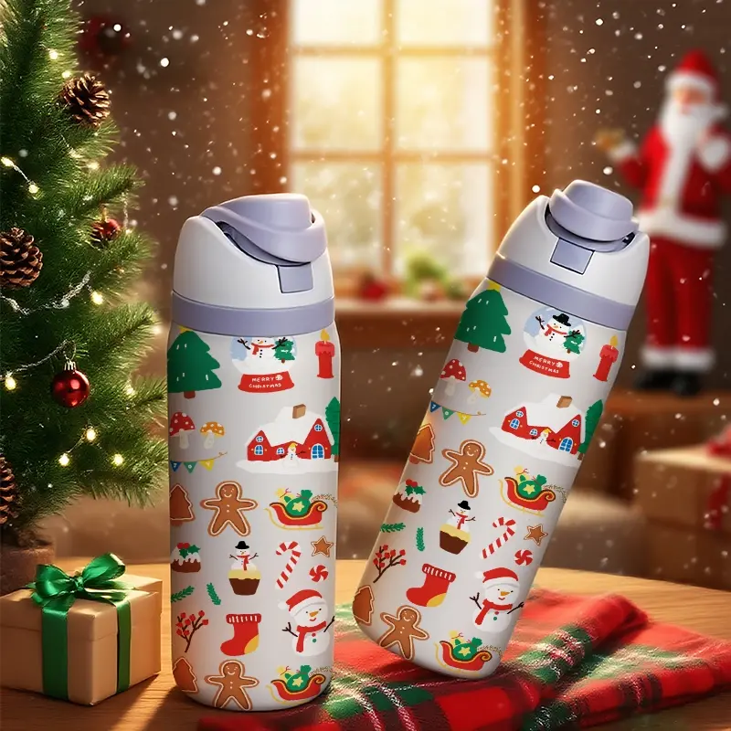 Christmas 32oz Dual-Drink Sports Water Bottle, Snowman Pattern, 304 Stainless Steel Insulated, Large Capacity Fruit Cup, Perfect Gift