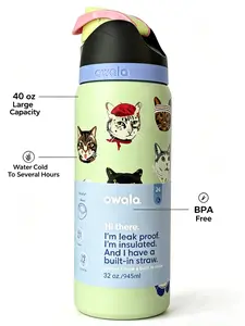 Owala 32oz Fun Cat Lover Stainless Steel Water Bottle with Push Button Straw Lid Insulated for Hot & Cold Drinks Portable Kids Reusable Flask Mug Tumbler Drinkware Bottled