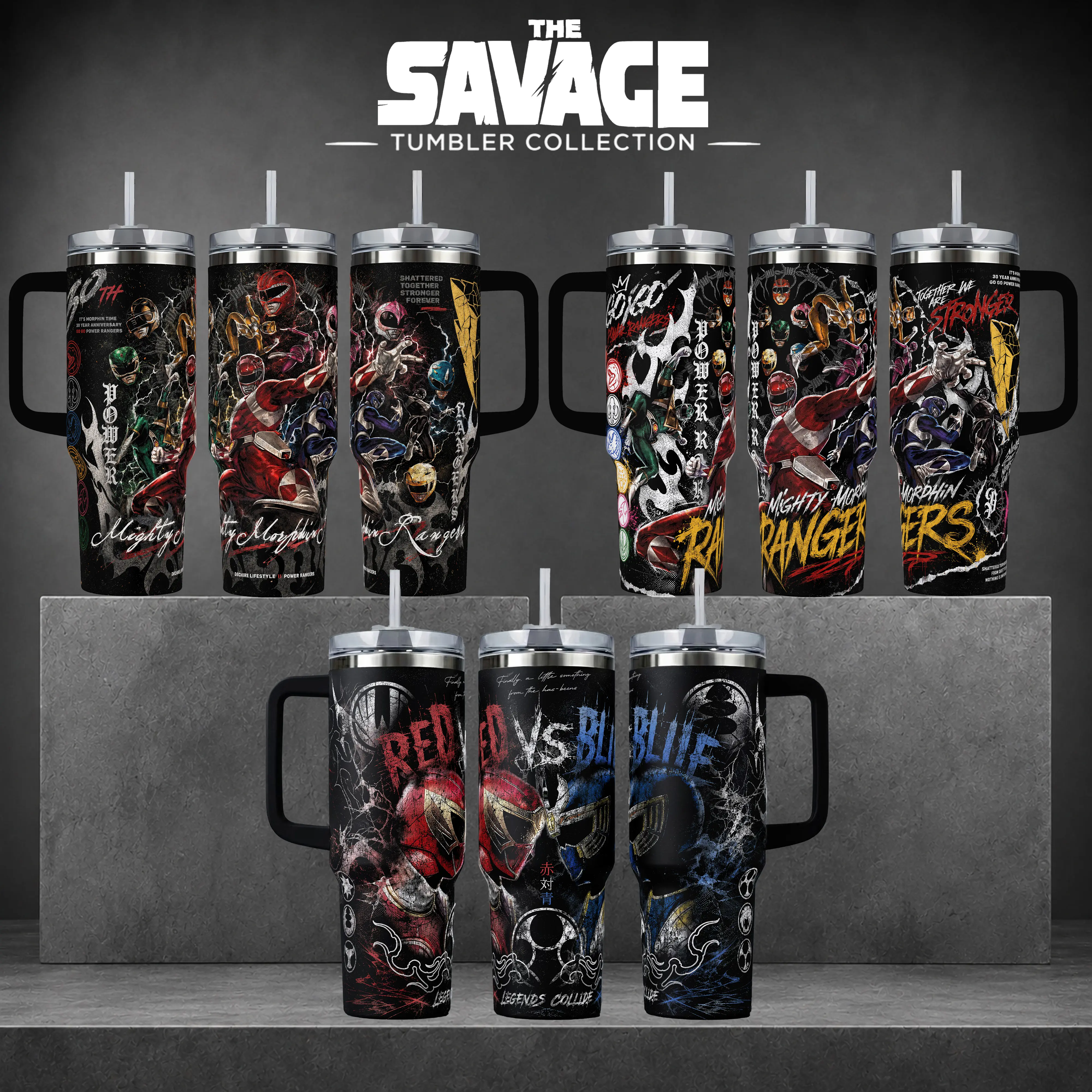Power Rangers 30th Anniversary Tumbler, 20oz & 40oz Insulated Travel Mug with Handle & Straw. Mighty Morphin Power Rangers Art Cup, Iconic Superhero Fan Merchandise, Perfect Gift for Nostalgic 90s Fans and TV Series Collectors