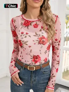 Elegant Floral Print Mesh Round Neck Slim Fit Long Sleeve Top, Hotapei Women's Fashion Blouse Shirts, Casual Wear for Spring and Fall