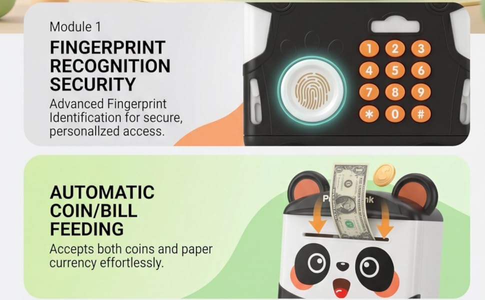 Panda Piggy Bank for Kids - Fun Electronic Money Bank with Fingerprint Access & Code Lock, Automatic Cash & Coin Safe, Best Birthday/Christmas Gift for Boys Girls 3-12