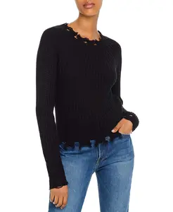 Aqua Women's Black Distressed Shaker Stitch Sweater