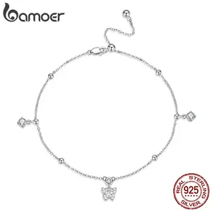 925 Sterling Silver Full Zircons Butterfly Anklet Link Leg Chain with Beads for Women Girls Lightweight Foot Jewelry