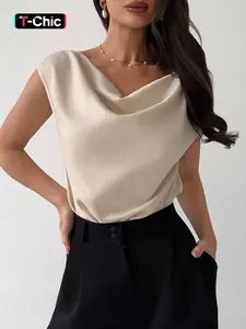 Women's Cowl Neck Cap Sleeve Bodysuit, Womenswear, Satin-Finish Woven Fabric, Flowy, Boat Neck Back, Crotch Snap Closure, Daily Casual Chic Office Commute Date Evening Party Wear, Wrinkle-Resistant Non-Shifting Draped Breathable