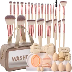 46 piece makeup tool set, including 25 makeup brushes set, 4 powder puffs, 1 brush cleaning tool, 4 large and 4 small makeup balls, 1 plush headband, 2 wristbands, 4 finger powder puffs, and 1 makeup waterproof bag suitable for novice women full kit girls