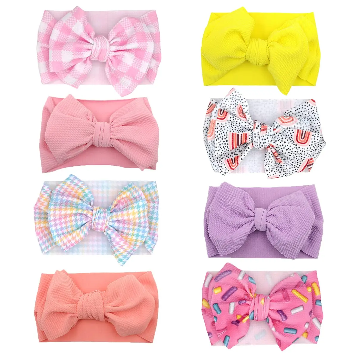 Baby Girl Headbands, 8 Pack Big Bow Knotted Turbans in Soft Dacron and Spandex, Stretchy Plain & Patterned Wraps for Newborns, Toddlers, Birthday Parties & Baby Shows