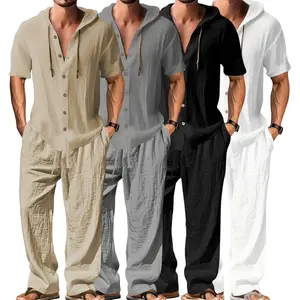Men’s lightweight two-piece set with a hood, casual vacation style, loose breathable thin fabric, hooded sweatshirt paired with wide-leg pants, suitable for summer wear.