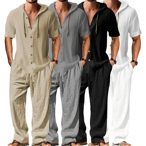 Men's 2-Piece Linen Washed Athletic Matching Set - Stylish Plain Hooded Drawstring Sweatshirt, Loose Breathable Thin Fabric Wide-Leg Pants, Black + White Short-Sleeve Casual Summer Outfits, Loose for Easy Strides Men’s Clothes, 2 Pcs Set, Men's 2 Piece Se