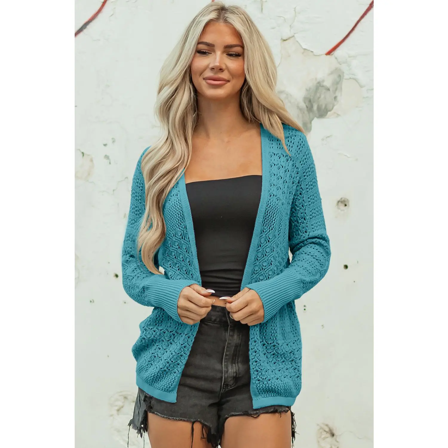 Lapis Mix Pattern Hollowed Knit Open Front Cardigan