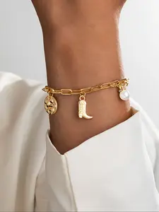 Women's Western Style Cowboy Hat Boots Bracelet, Faux Pearl Tassel Design, Vintage Jewelry Gift for Women, Daily Wear Accessory, Trendy Jewellery Accessories, Boho Style Bracelet