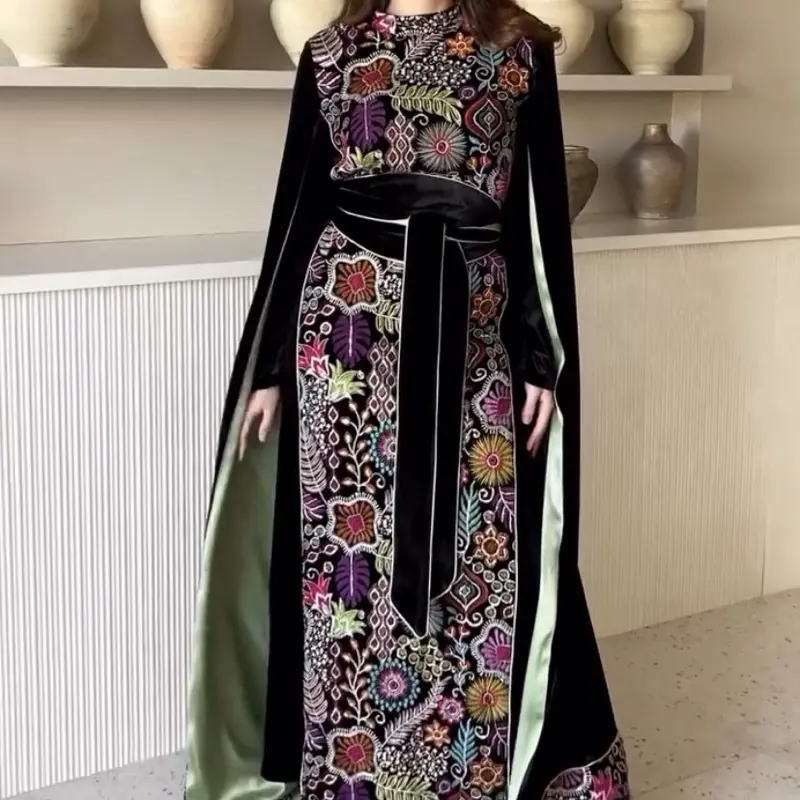 Cape Style Abaya with Vibrant Floral Embroidery and Elegant Black Belt for Women