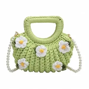 CerfoParlen Small Crossbody Bag for Women Crochet Purse with Flower Hand Knitting Cute Boho Bag (Green)