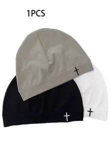 Minimalist Cross Stitch Beanie, Thin Elastic No Brim Casual Street Skull Hat, Soft Breathable Unisex Headwear, All Seasons, Breathable Slouchy Beanie