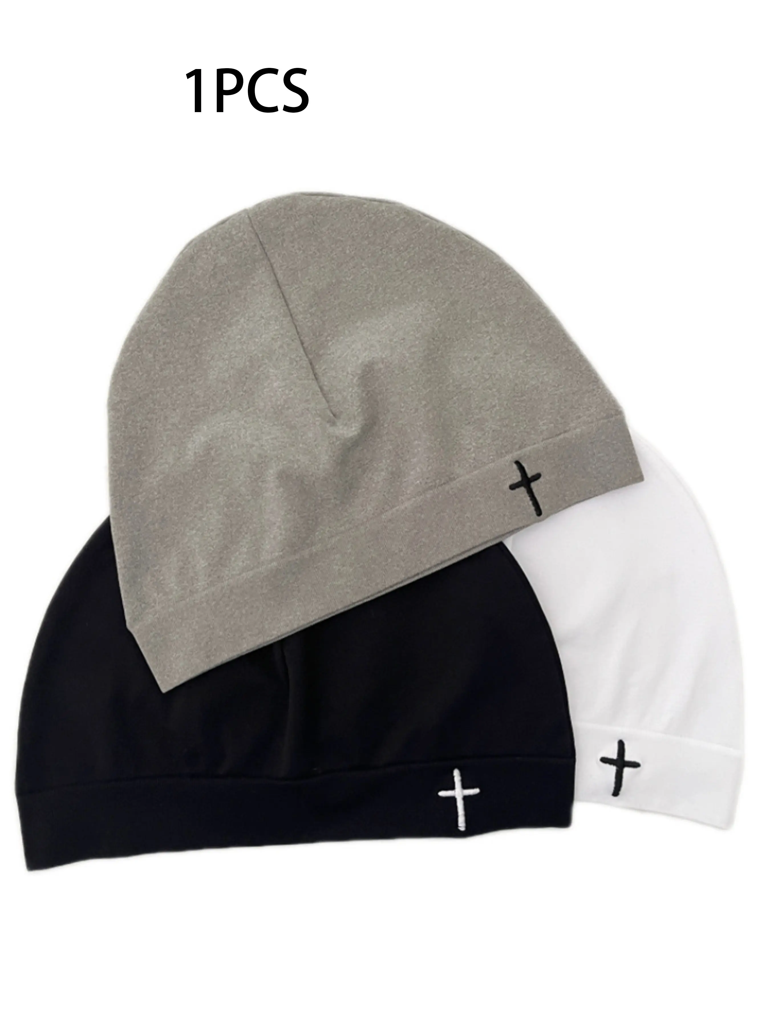 Minimalist Cross Stitch Beanie, Thin Elastic No Brim Casual Street Skull Hat, Soft Breathable Unisex Headwear, All Seasons, Fashion Beanie, Breathable Slouchy Beanie, Casual Stretchy Beanie